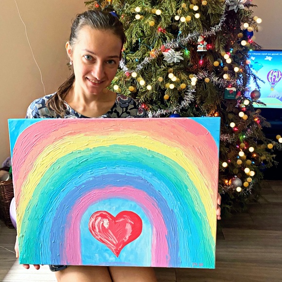 Rainbow Heart Painting Abstraction Acrylic Arts - Picture 4 of 11